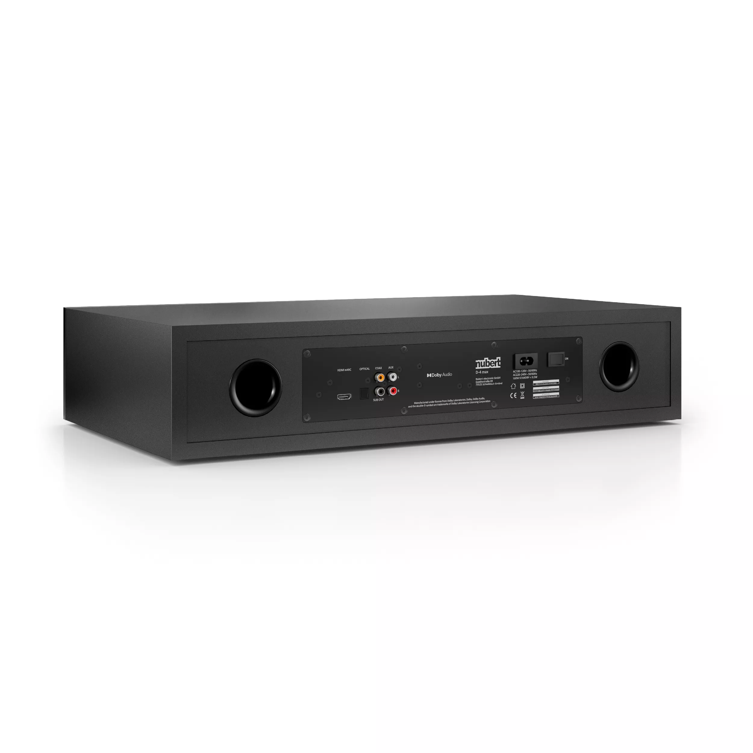 Rear view of nuBoxx AS 225 max Soundbar with connections and bass reflex ports.